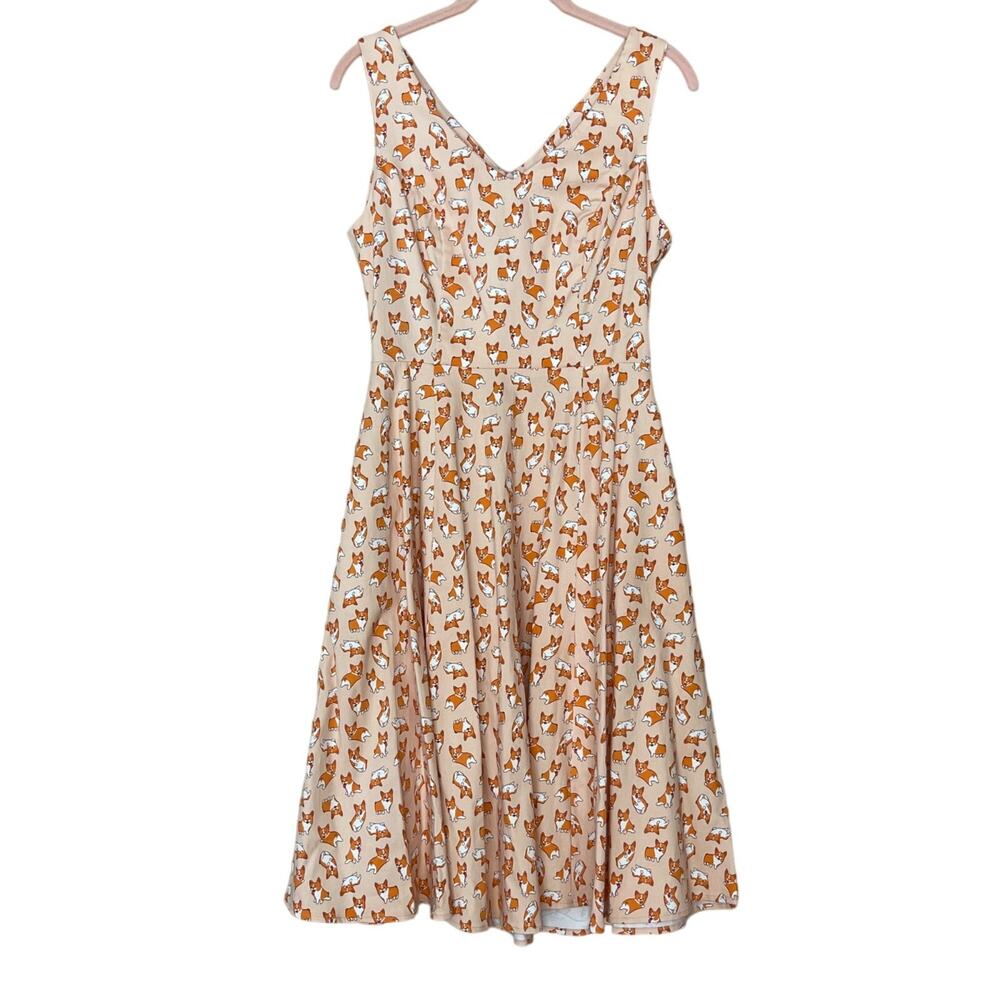 Eva Rosa Womans Sz 10 Corgi Dress Peach Retro Fit and Flare Pockets Dogs Cocktai